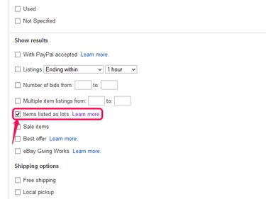 The advanced search form, with Items Listed as Lots checked.
